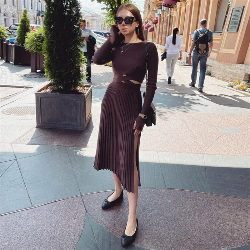 Cinessd   New White Knit Two Piece Women Sets Fall Ribbed Crop Top And Pleated Knitted Skirt Suits For Women Midi Dress Sets 2022