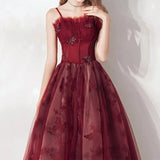 Cinessd - Luxury Butterfly Applique Evening Dresses Long Camisole Patchwork Gauze Dark Red Party Prom Gown New Slim Waist Vestido De Festa