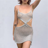 Cinessd  Hollow Out Knitted Dress Women Spaghetti Strap Sleeveless Cut Out See Through Dress Y2K Summer Club Beach Sexy Dresses