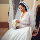 Cinessd Back to school African Wedding Dress Elegant Deep V Neck Long Sleeves Beading Satin Wedding Gown Plus Size Bridal  For Women Robe De Mariee