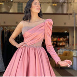 Cinessd  Beaded One Shoulder Long Sleeve Satin Pink Prom Dresses Pleated A-Line Sweep Train Robes De Soirée Evening Party Gowns