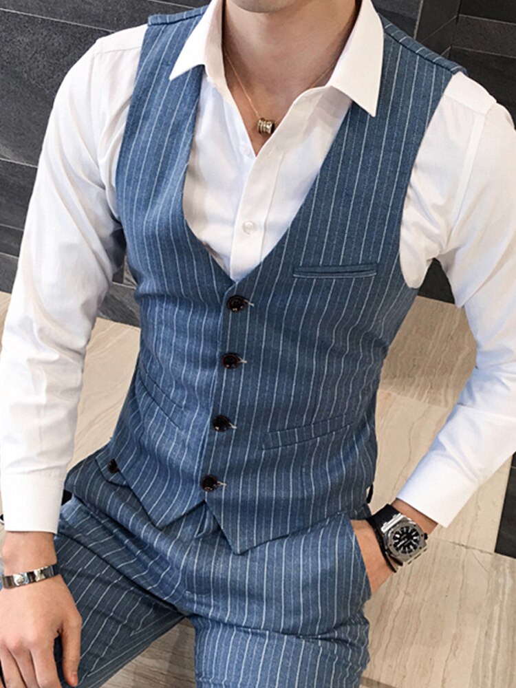 CINESSD     Left ROM Size S-5XL New Men's Fashion Boutique Cotton Stripe Wedding Dress Suit Vests Male Slim Stripe Business Vest Waist Coat