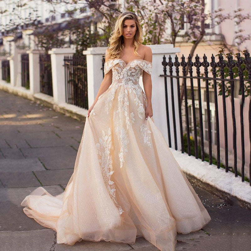 Cinessd Back to school outfit Champagne Wedding Dresses Boho Off Shoulder Lace Appliqued Beach Country Bridal Gowns Custom Made Robe De Mariee For Women