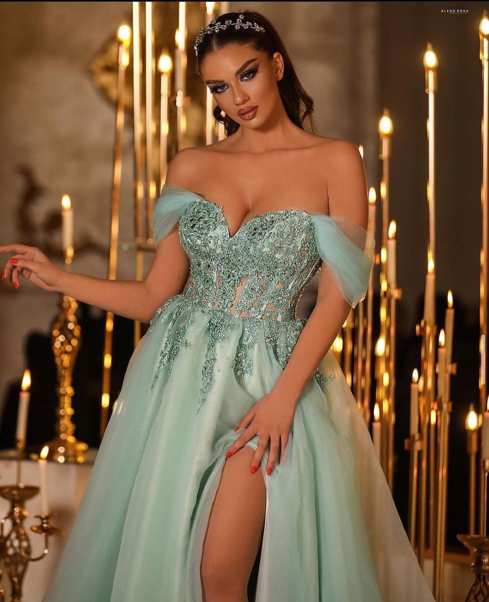 Cinessd  Long Tulle  Prom Dresses Lace Appliques Off The Shoulder High Side Split A-Line Dubai Formal Party Dress Evening Gowns