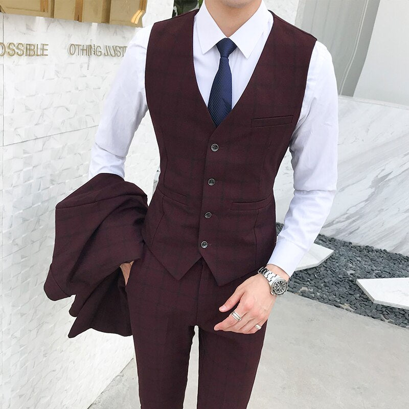 CINESSD    Men's Plaid Vest Pants 2pcs Business Professional Youth Office Worker Formal Wear Wedding Banquet Gentleman Suit Dress Waistcoat