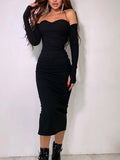 Cinessd  Sexy Strapless Off Shoulder Long Sleeve Bodycon Midi Dress Women Ribbed Backless Vestidos 2022 Summer Night Prom Party Clothes