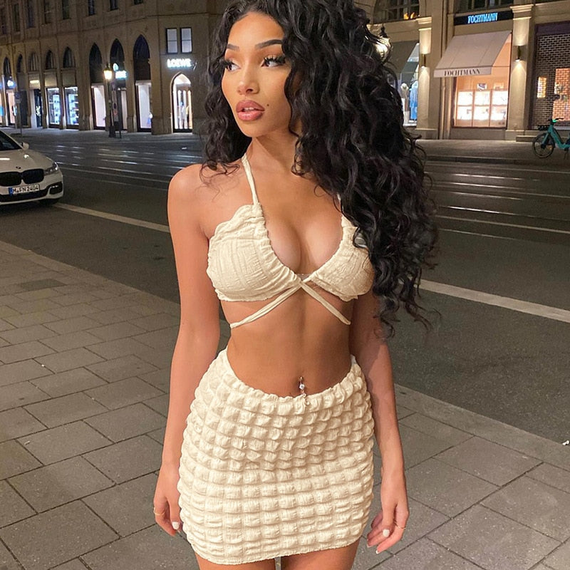Cinessd  Ribbed Knitted Halter Crop Top And Skirts 2 Piece Set Women Outfits Fashion Summer Drawstring Ruched Matching Set Mini Skirts