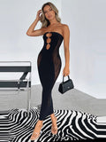 Cinessd Off Shoulder Sleeveless Strapless Hollow Out Bodycon Dresses Black Sexy Women Party Dress 2022 Summer Solid Long Dresses