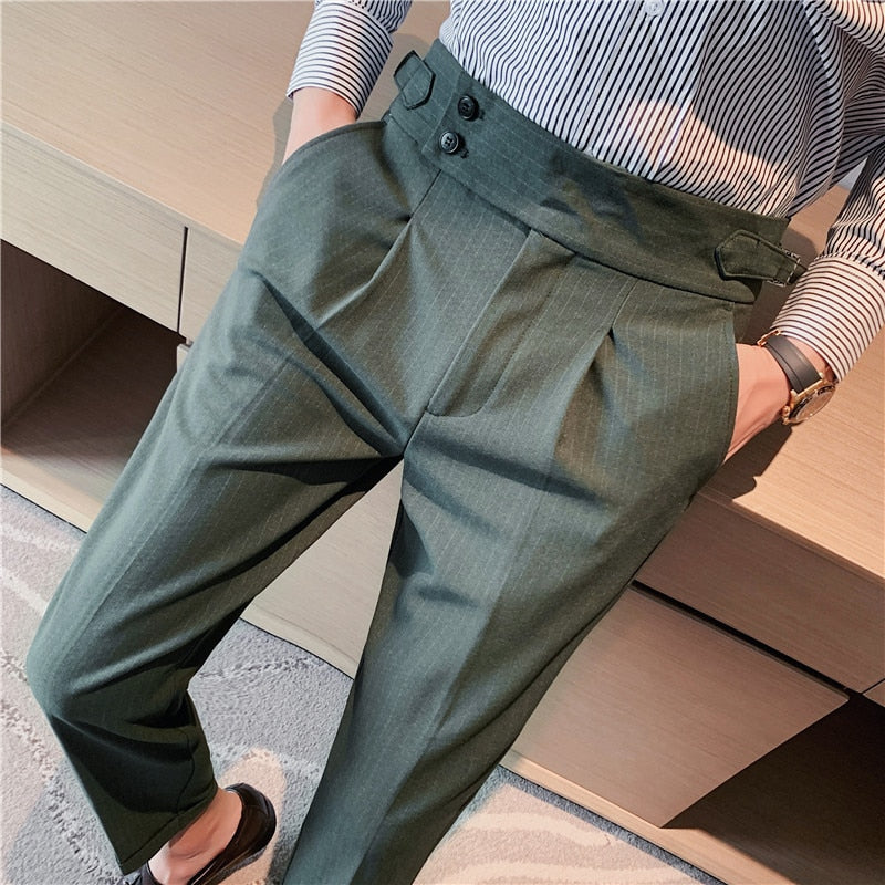 CINESSD   New 30 Color Mens Dress Suit Pants British High Waist Straight Men Social Trousers Belt Formal Pant Male Solid Stripe Grid