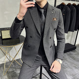 CINESSD   ( Blazer+Vest+Pants ) Groom Wedding Male Suit Luxury Brand Fashion Striped Men's Casual Business Office Double Breasted Suit