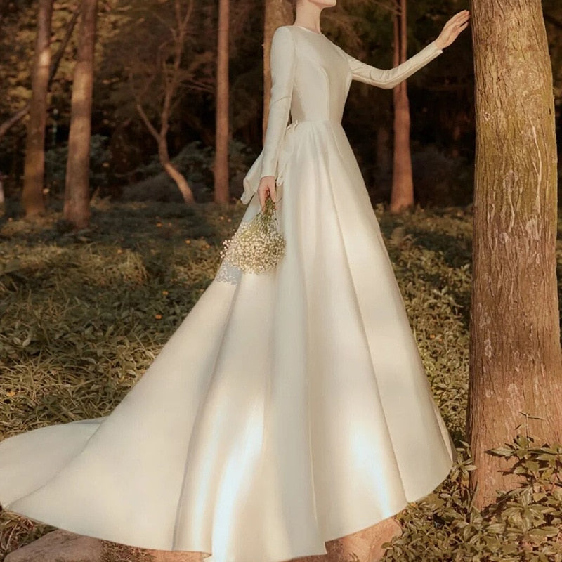 Cinessd  fashion inspo    Temperament Stain A-Line Wedding Dress Long Sleeves Back Bow O-Neck Bride Gown 2023 Women Princess Full Hemline Vestido De Noiva