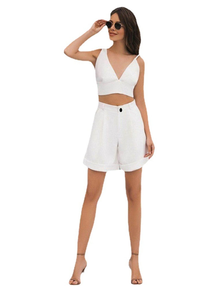 Cinessd Back To School Women's Spring/Summer 2022 New Suit Solid Color Two-Piece Sexy Slim Tube Top High Waist Shorts  2 Piece Set Shorts And Vest