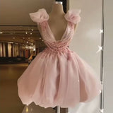 Pink Evening Dresses 2022 Cute V-Neck Sleeveless Organza Formal Party Dress Lace Applique Beading Zipper Puffy Pageant Gowns