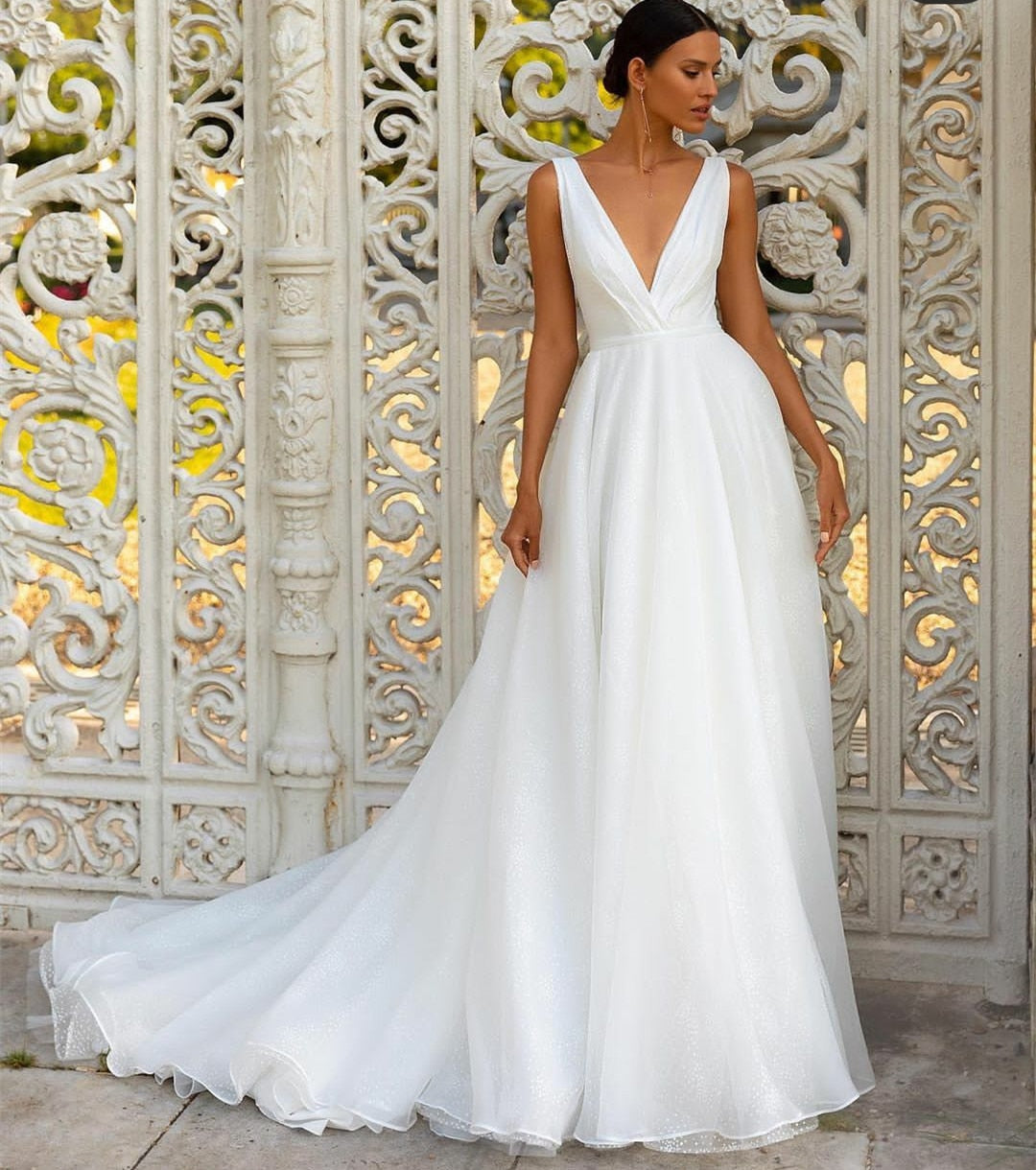 Cinessd  Elegant Long Tulle Wedding Dresses Boho White V-Neck Sweep Train Open Back A-Line Bridal Dress Vestido De Noiva For Women