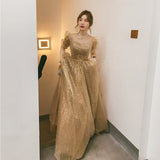 Cinessd  Champagne Evening Dress  Summer New Elegant Square Neck Sequined Princess Puff Sleeves Tulle long Graduation Ceremony Gonws