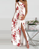 Cinessd Back to school outfit Summer Elegant One Shoulder Floral Print High Slit Cutout Maxi Party Dress Asymmetric Women Long Wedding Evening Sexy Robes