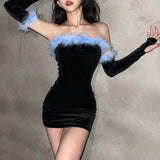 Cinessd  Fur Patchwork Y2K Bodycon Dresses With Sleeves Elegant Solid Party Mini Dress Club Vintage Harajuku Chic Clothes White
