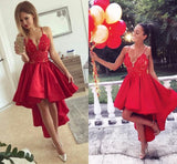 Cinessd  Spaghetti Straps High Low Homecoming Dress With Appliques V Neck Red Satin Cocktail Dresses Short Front Long Behind Prom Dresses