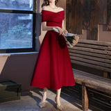 Cinessd   French Off Shoulder Slash Neck Evening Dress Spring Summer New Simple Solid Color Banquet Party Cocktail Dresses