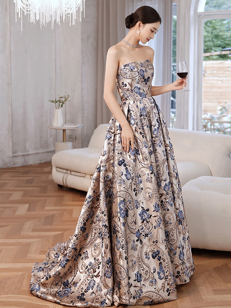 Cindssd  Luxury Printed Satin Evening Dresses With Train Strapless Long Women Formal Gowns Long Celebrirty Dresses