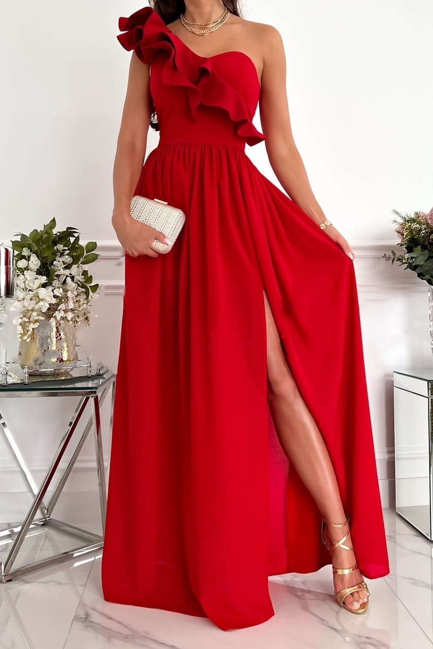 Cinessd  2022 Summer Women Elegant High Slit Cutout Maxi Wedding Evening Dress One Shoulder Cascading Ruffle Party Female Long Sexy Robes