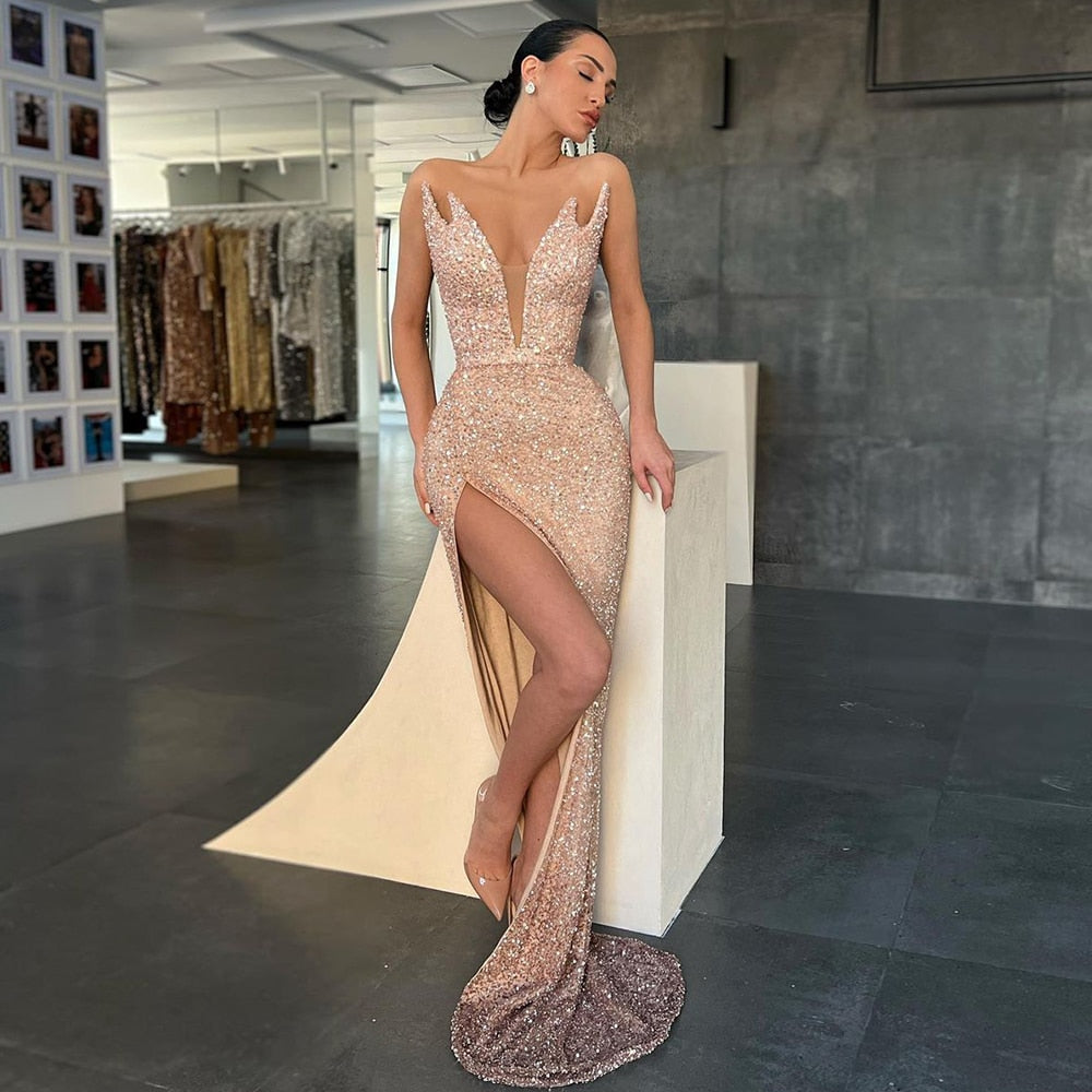 Cinessd Back to school outfit Sparkle Evening Dresses 2022 Luxury Long V-Neck Simple Mermaid Prom Gowns Sleeveless Side Split Sexy Elegant Formal Party Dress