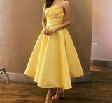 Cinessd  Elegant Yellow Short Off Shoulder Party Dresses 2024 A-Line Tea Length Pleated Satin Prom Evening Gowns With Pockets