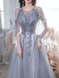 Cinessd -Elegant Tassel Feather Sleeve Evening Dress Female Blue Fairy Applique Prom Dress Ball Gown V-neck Banquet Formal Vestido
