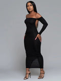 Cinessd Sexy Off Shoulder Dress Club Party Bodycon Long Dresses Women Low Cut Solid Long Sleeve Black Backless Dress 2022 Spring