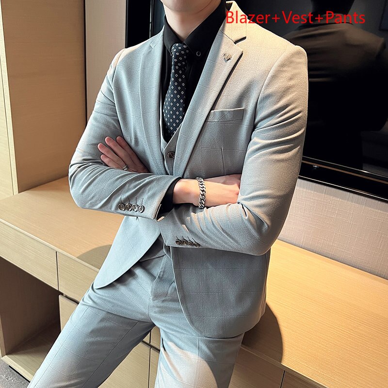 CINESSD    5XL Blazer Vest Pants Mens Suit Plaid Casual Business Office Suit Groom Wedding Dress Slim Suit 3Pcs ro 2Pcs Jacket Trousers