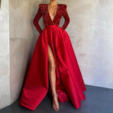 Cinessd  fashion inspo     Sequins Long Sleeve Prom Dress Patchwork High Split Pleated Party Dress 2023 Women Elegant Deep V-neck Evening Dress