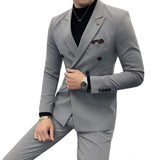 CINESSD     Men Double Breasted Two Piece Suit Coat Set Slim Fashion New Business Casual Jacket British Style Wedding Dress Blazers Pants