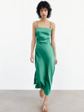 Cinessd  Sexy Chains Strap Backless Satin Midi Dress Women Vintage Solid Green Ruched Slim Sundress 2022Summer Boho Beach Holiday Clothes