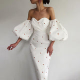 Cinessd  2022 Summer Female Elegant Dress Lantern Sleeve Casual Strawberry Print Sexy Off Shoulder Party Mid Calf Dress Party Clubwear