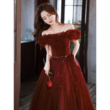 Cinessd  Off The Shoulder Prom Dress Classic Tulle Slim Lace Up Long Banquet Dresses Wine Red Cocktail Party Gowns Vestidos