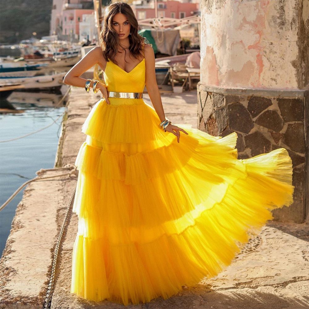 Cinessd  Yellow Tiered Ruffled Tulle Prom Dresses V-Neck Spaghetti Strap Pleated Evening Dress Wedding Party Gown 2022