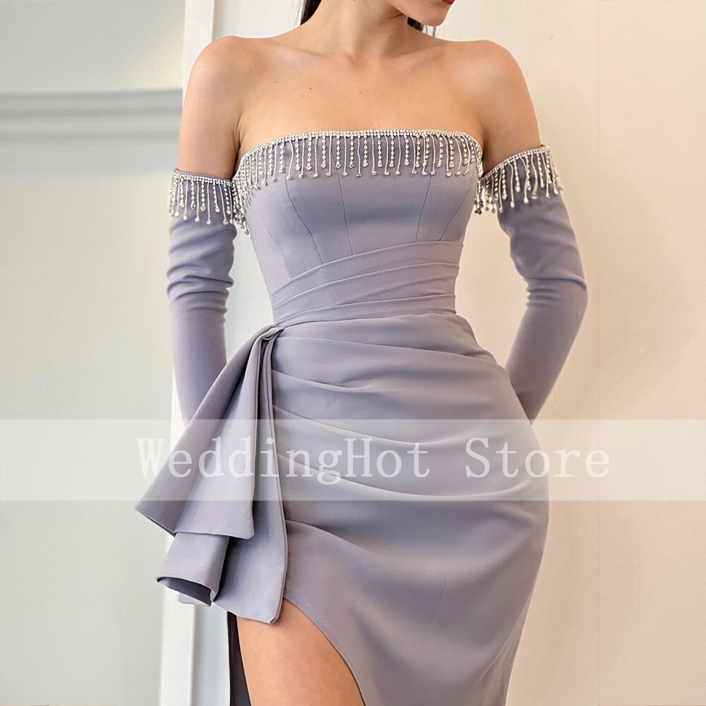 Cinessd Back to school outfit Mermaid Evening Dresses 2022 Strapless Detachable Sleeves Mermaid Formal Party Dress Side Split Tassel Sexy Long Evening Gowns