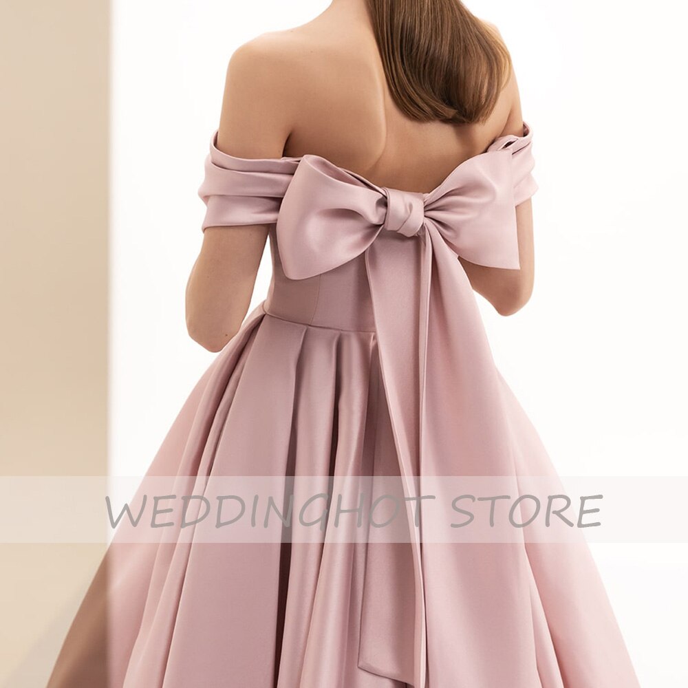 Pink Evening Dresses 2022 Satin Elegant V-Neck Off-The-Shoulder Ball Gowns Simple Sexy High Quality Back Bow A-Line Party Dress