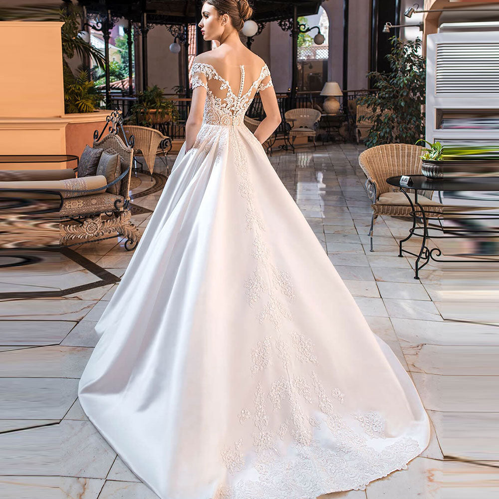 Cinessd Back to school outfit Satin A-Line Appliques Sweetheart Wedding Dresses Off Shoulder Button Backless Floor Length Bridal  Robe De Mariée Custom Made