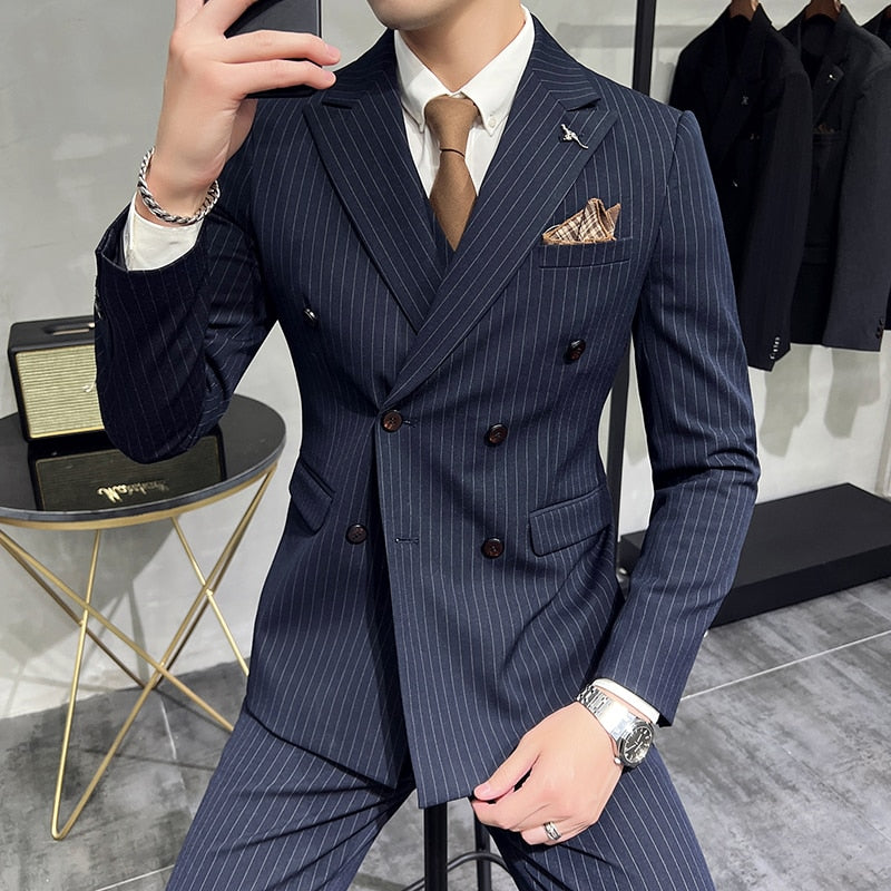 CINESSD   ( Blazer+Vest+Pants ) Groom Wedding Male Suit Luxury Brand Fashion Striped Men's Casual Business Office Double Breasted Suit