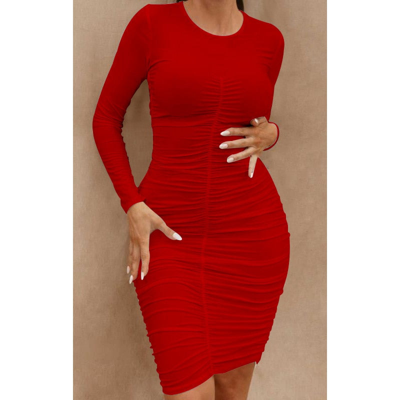 Cinessd Back to school outfit WJFZQM Long Sleeve O Neck Pleated Wrap Dress Ruched Bodycon Pencil Dress Women Sexy Elegant White Short Mini Party Dresses 2022