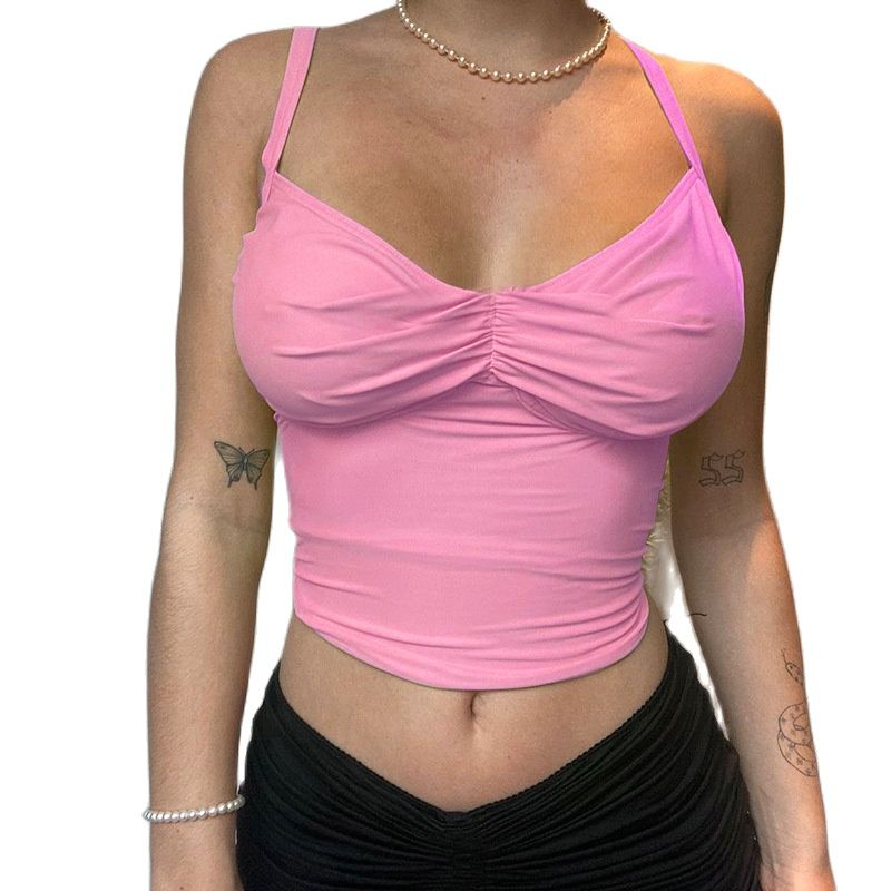 Cinessd  New Summer Corset Camisole Tank Top Women V-Neck Sexy Tanks Camis Skinny Backless Pink Pleatedtee Shirt Femme Tops Womant-Shirt