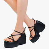Cinessd  Women Brand Platform Sandals Shoes Strappy Heels Wegdes Heeled Shoes Design Punk Cool Chunky Buckle Casual Black White Shoes