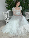 Cinessd  Sparkly Starry Tulle Long Prom Dresses Square Puff Sleeves A-Line Tiered Evening Gowns Wedding Party Dress 2022