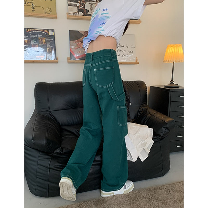 Cinessd  Green Vintage Jeans Woman's High Waist 2022 Summer Wide Leg Denim Trouser Baggy Streetwear Chic Design Straight Jean Cargo Pants