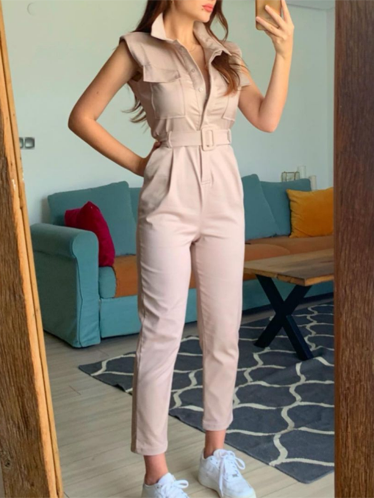 Cinessd Back to school outfit Solid Office Ladies Pocket Jumpsuit Women Fashion Elegant Sleeveless Slim Long Playsuit Apricot Casual Jumpsuit 2022