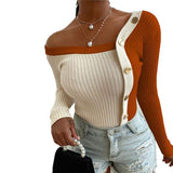Cinessd  Women Fashion Elegant Knitted Tops Long Sleeve Off Shoulder Sexy Casual Slim Buttons Top Femme Ladies Solid Sweaters Fall Spring