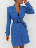 Cinessd Back to school outfit Blue Fashion Spring Summer Mini Blazer Dress Office Ladies Button Decoration Slim Straight Sexy Dress With Belt 2022New