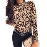 Cinessd  Leopard Floral Sexy Fashion Women Tee Top Pullover Long Sleeve High Neck Club Casual Style Fall Clothes Turtleneck Slim T-Shirts