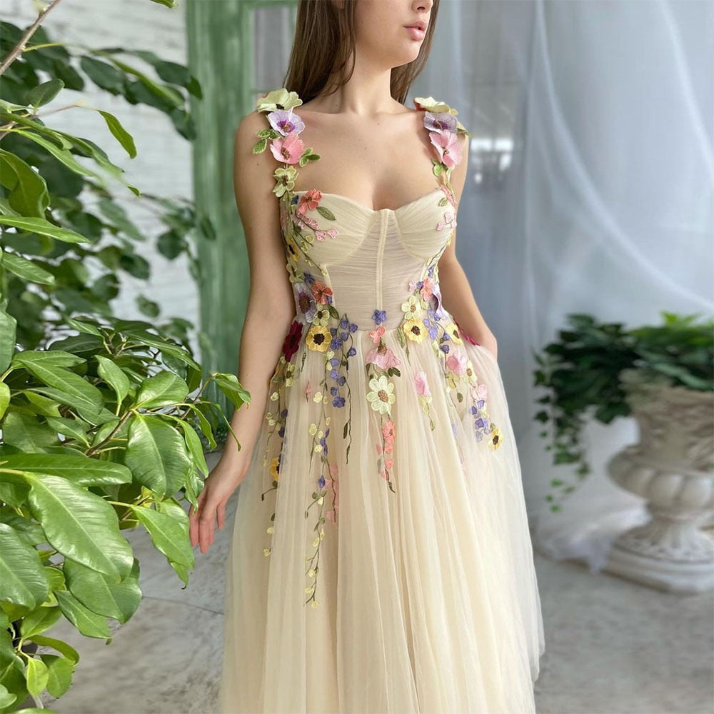 Cinessd  Exquisite Beige 3D Flowers Prom Dresses Sweetheart A-Line Tea-Length Evening Dress Formal Party Dress With Pockets 2022